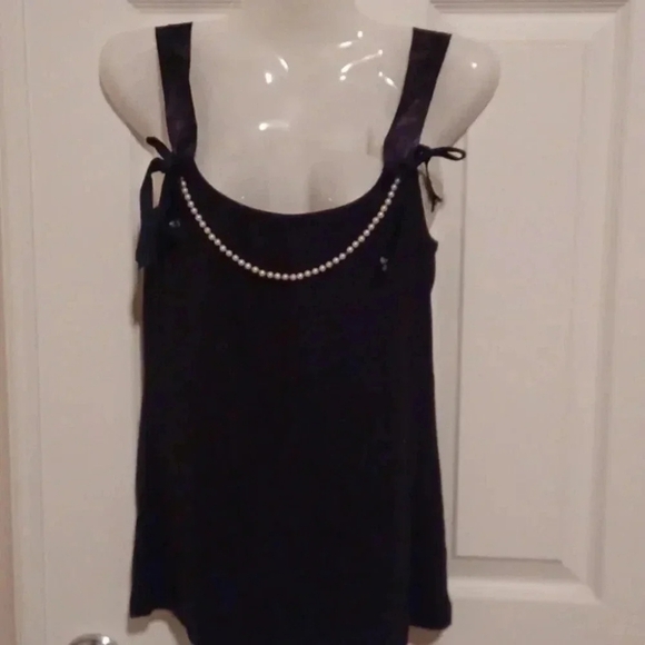 🍭🏍Black cotton camisole with faux pearls and ribbons - Picture 8 of 8